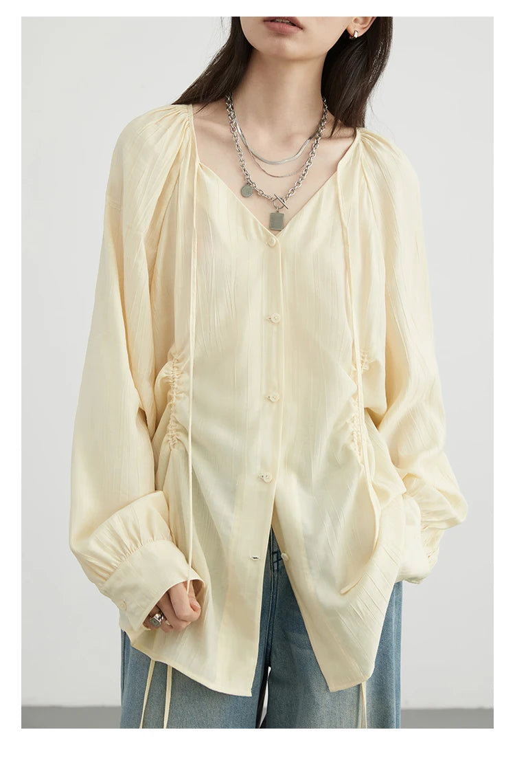 CHIC VEN Women Loose Lace Up Shirt Solid New Korean V-neck Pleated Raglan Long Sleeved Blouses Female Tops Spring Summer 2025