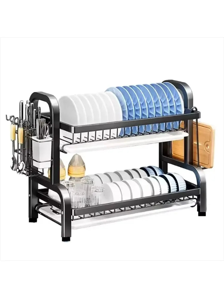 Kitchen 2nd floor storage cutlery and bowl rack set with cutlery rack, large anti rust cutlery drainage board