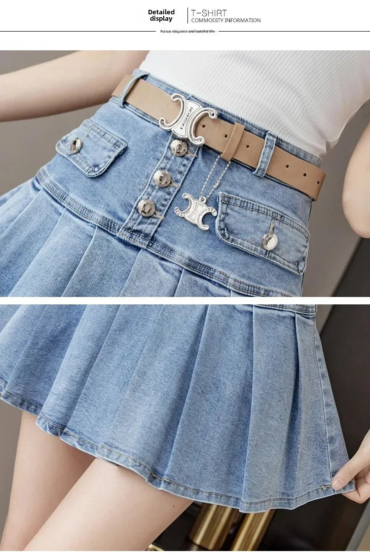 High-Waisted Denim Skirt Women's Slimming Mini Dress 2024 Spring Summer European Style Half Skirt Age-Reducing Fashionable Pleat