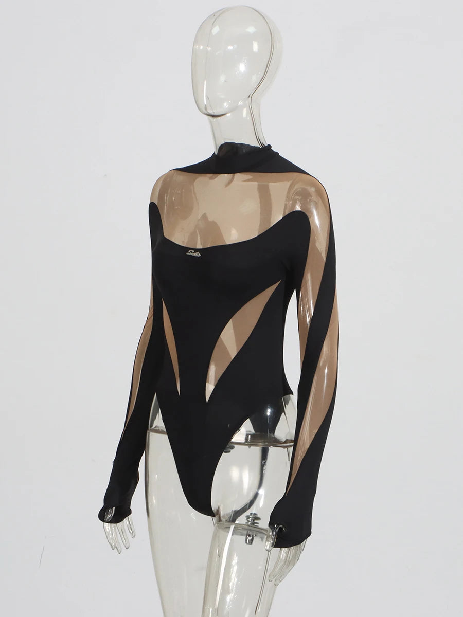 CHICEVER Sexy See Through Jumpsuit for Women Stand Collar Long Sleeve Colorblock Hot Girl Style Playsuit Female Summer Clothing