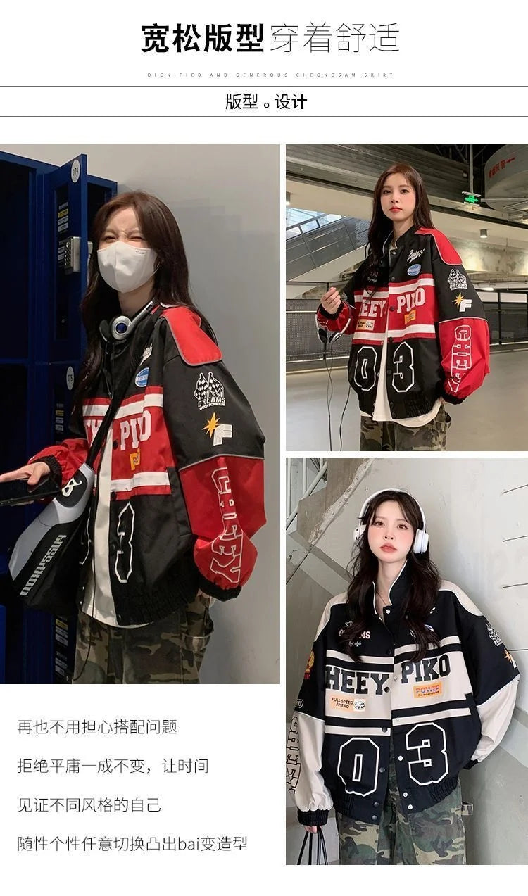2023 Y2k Red White Bomber F1 Jacket Women Men Biker Racer Jacket Retro Hip Hop Grunge Clothes Trend Oversize Windbreaker Varsity