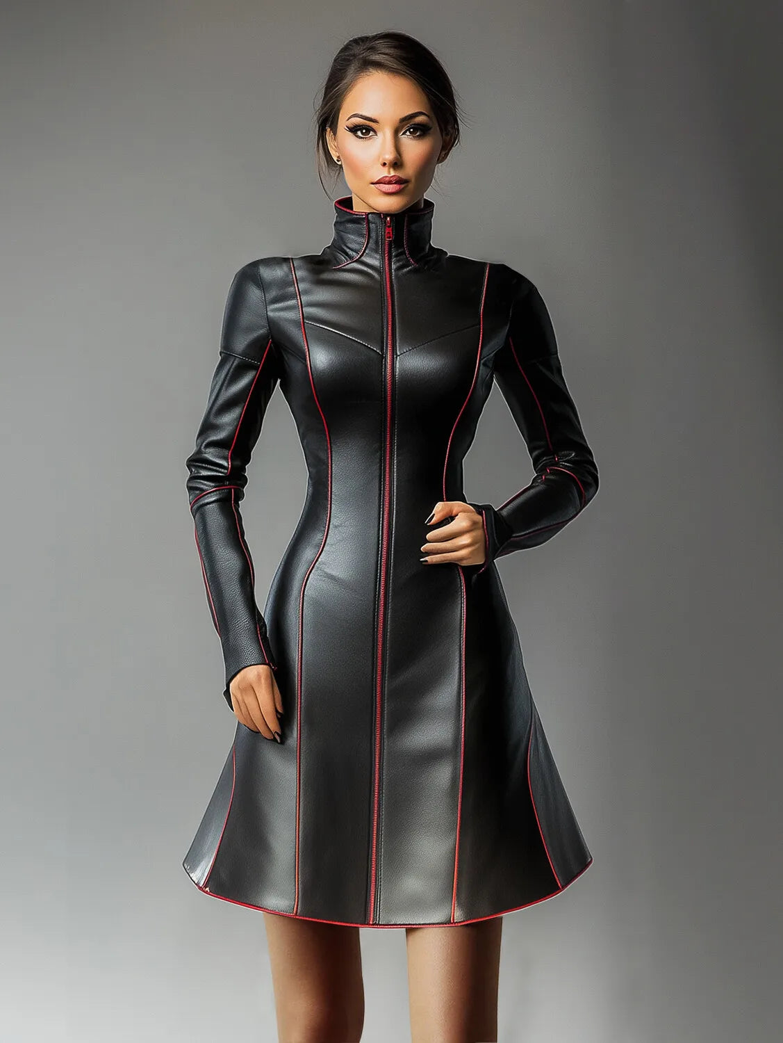 PU Leather Dresses for Women High Neck Zipper Contrast Binding  Mini Dress Women Long Sleeve Elegant A-Line Dress Streetwear Top