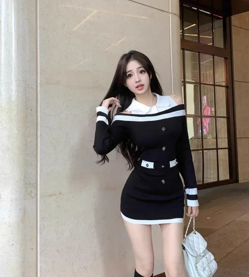 Hot Girl Off Shoulder Long-sleeved Knitted Dress Women's Autumn Fake Two-piece Shirts Spliced Sexy Wrapped Hip Short Dress