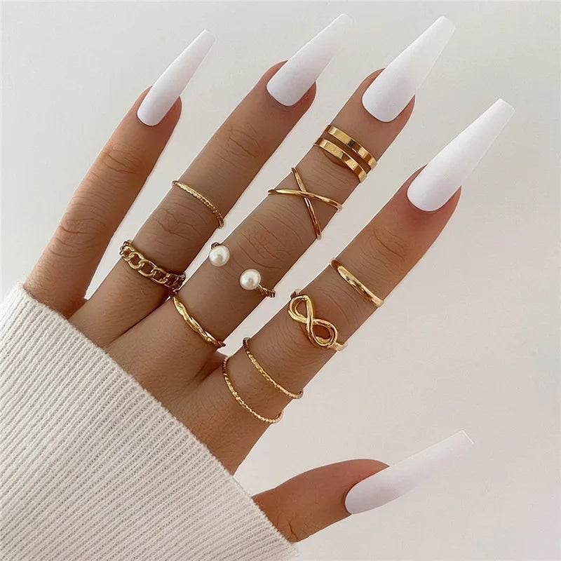 Vintage Shiny Zircon Butterfly Heart Ring Set Gold Color Boho Elegant Eyes Moon Geometric Rings Women Party Jewelry