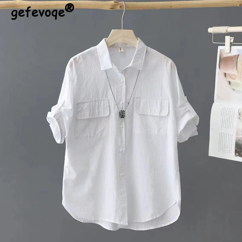Summer Korean Style Solid Cotton Chic Women's Shirt Casual Loose All Match Office Lady Blouse Female Short Sleeve Blusas Mujer