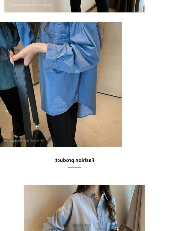 Womens' Splicing Striped Shirt Fashion Spring Autumn Versatile Thin Outerwears Korean Fashion Loose Blue Denim Jackets