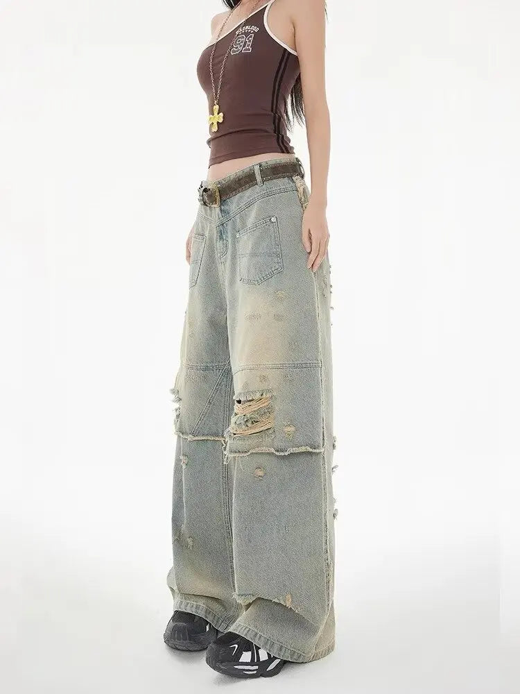 American High Street Wasteland Style Ripped Jeans Spring and Summer Loose Washing and Old Wide-leg Japanese and Korean Baggy