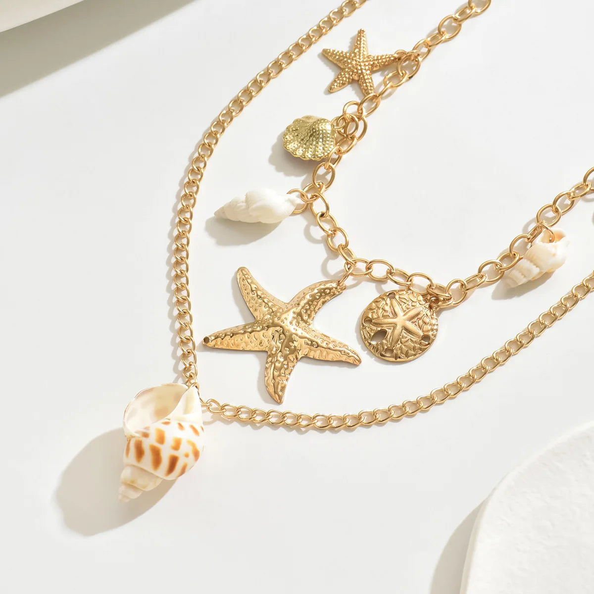 MHS.SUN Summer Shell Starfish Conch Pendant Necklace for Women Bohemian Metal Gold Color Chic Beach Jewelry Vacation Party Gift