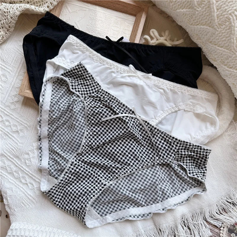 SP&CITY Dot Patterned Ice Silk Cute Women's Panties Ow Waist Cartoon Printed Sweet Plaid Ruffle Underwear Female Seamless Briefs