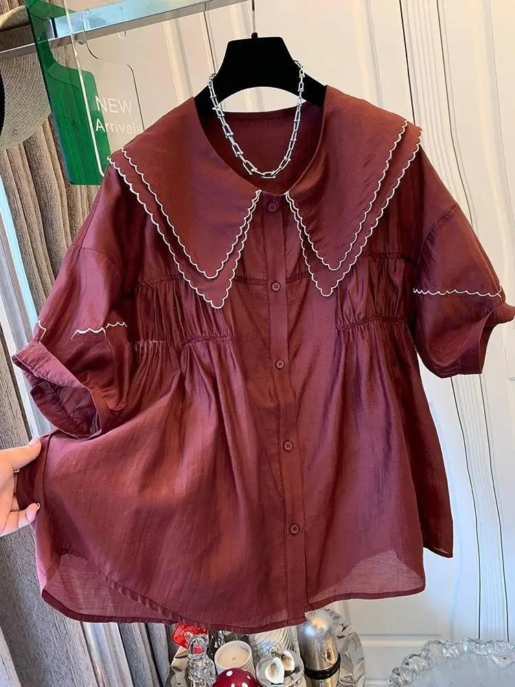 Double Peter Pan Collar Korean Loose Women tops Shirts Lantern Sleeve Shirts Summer Casual Blouse Girls New 2025