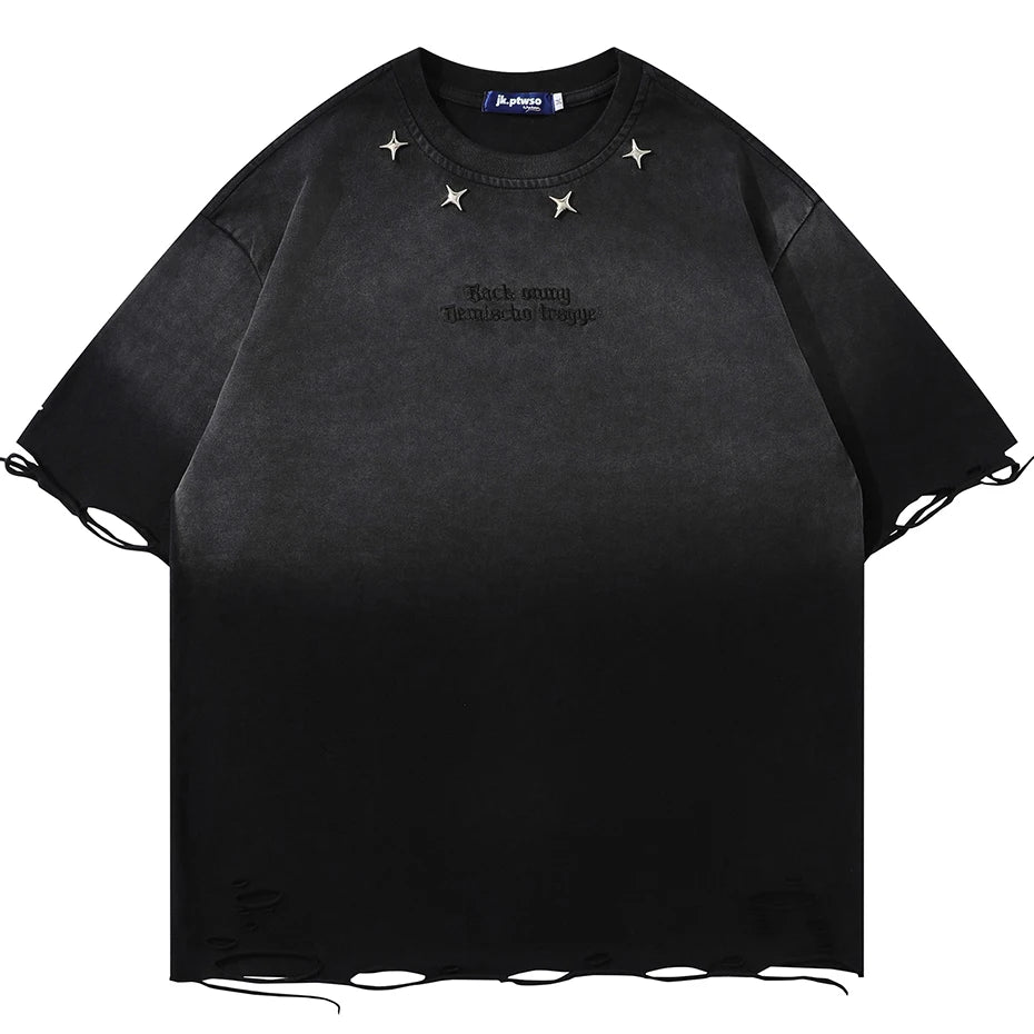 Distressed Ripped T Shirts Metal Star Tee Emrboidery Vintage Loose Tshirt 2025 Men Harajuku Streetwear Oversized Hip Hop T-shirt