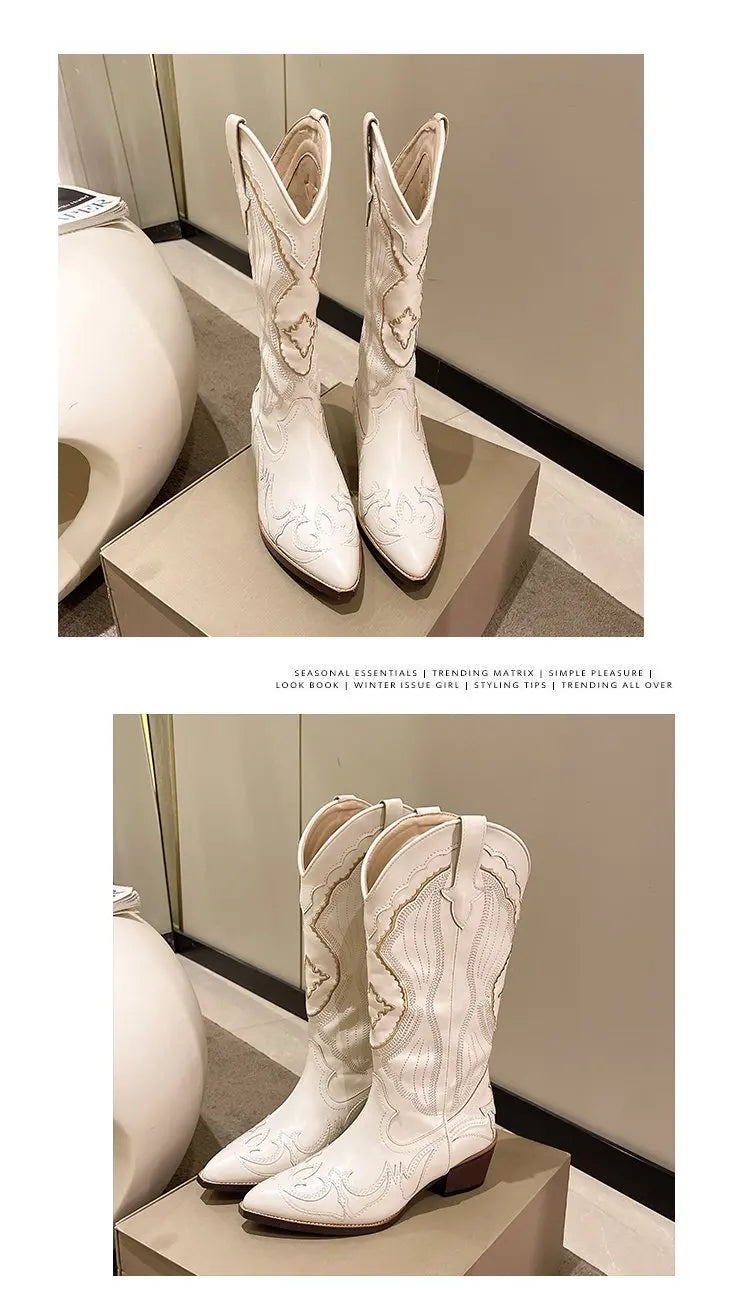 Women's Embroidered Western Mid Calf Boots Cowboy Square Heels Boots Pointed Toe Platform Boots Women Western Shoes Plus Size 42