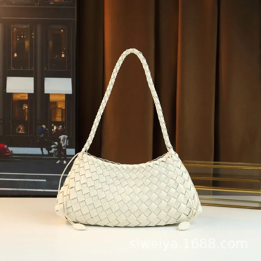 Handcrafted Woven Shoulder Crossbody Bag Simple Casual Ladies Handbag Underarm Bag Fashion Crescent Soft PU Leather Handbag