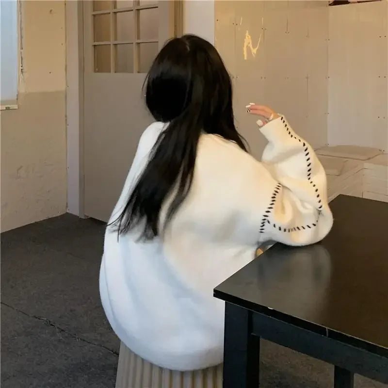 Autumn and Winter Lazy Style V-neck Knitted Sweater Cardigan Women Korean Version Loose Casual All-match Sweater Cardigan Coat