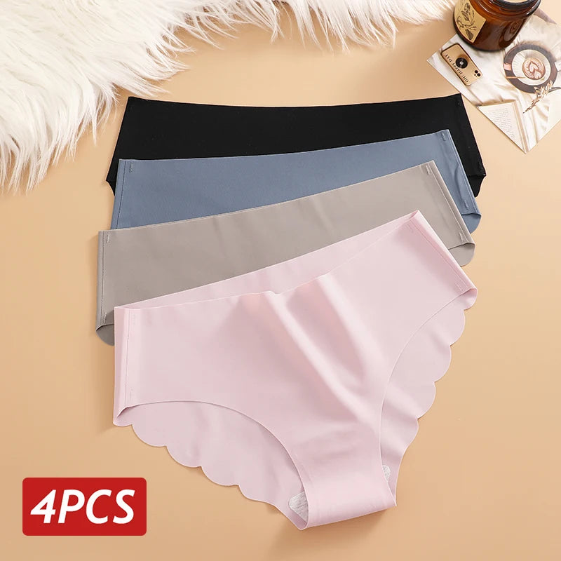 Ice Silk Seamless Panties 4PCS/Set Women's Briefs Solid Color Elastic Underwear Female Ultra Thin No Trace Wavy Side Panties
