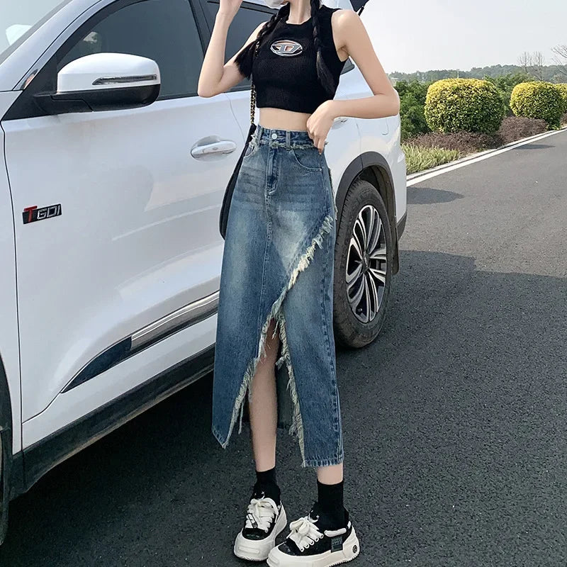 Fashionable Denim Skirt For Women High-waisted A- line Hip Covering Long Dress Casual Style Perfect For Summer 2024