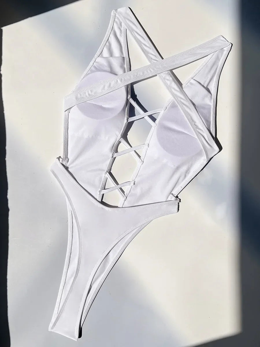 Deep V Neck Wrinkled Cross Backless Female Monokini One Piece Swimsuit Women Thong Swimwear High Cut Bather Bathing Suit Swim