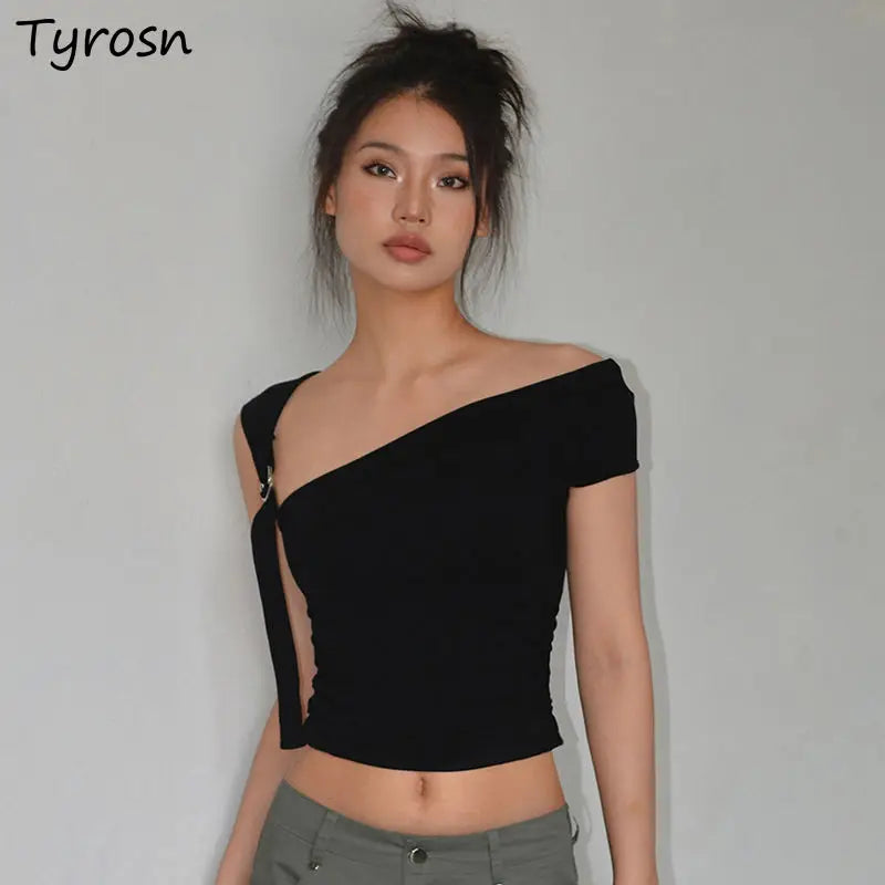 Summer T-shirts Women Sexy Folds Sweet Irregular Bandage Design Slim Chic Skew Collar Crop Tops Aesthetic Club American Clothes
