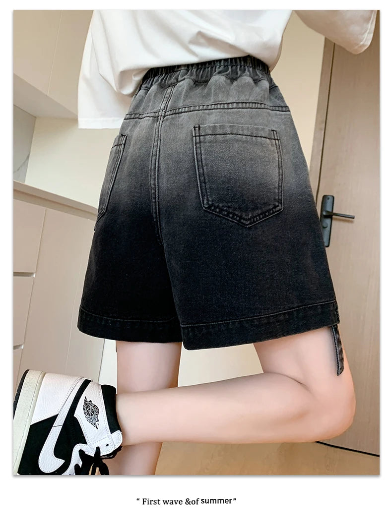 Gradient Plus Size Denim Shorts For Women Summer 2024 New High Elastic Waist Pockets Wide Leg Loose Jean Short Femme Hot Sale