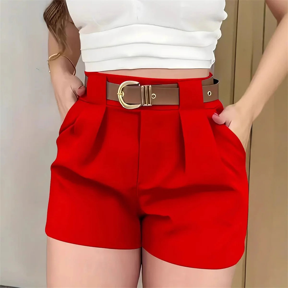 Women Fashion High Waist Shorts Summer Solid Color Pocket Belt Short Pant Elegant Office Lady Clothes Female Casual Street Pants