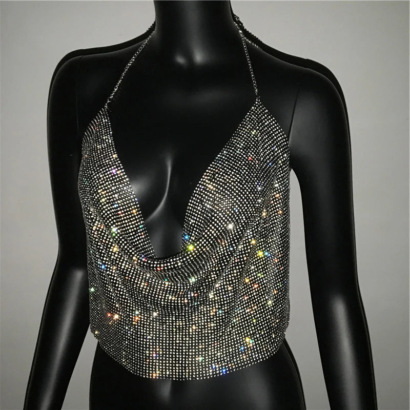 Festival Brilliant Rhinestone Backless Party Crop Top Women 2024 Summer Glitter Evening V Neck Diamonds Metal Tank Tops