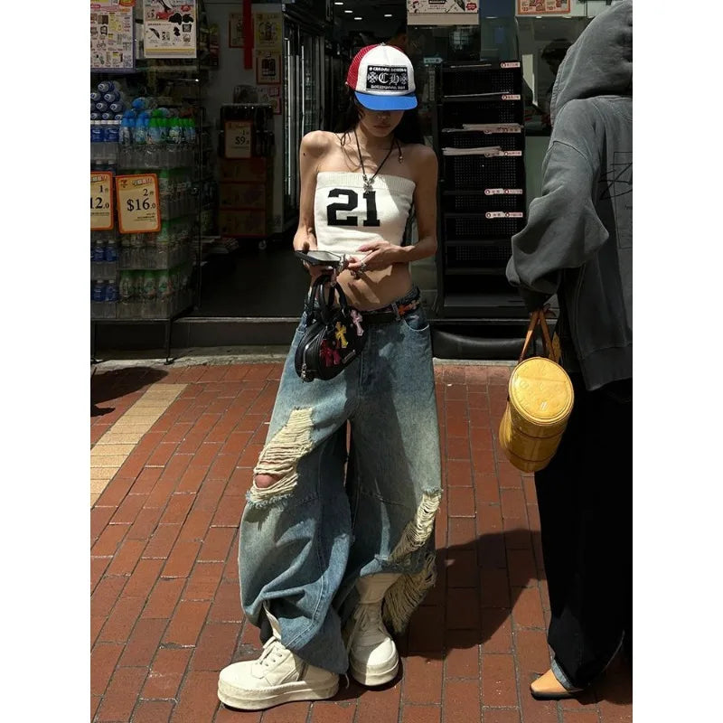 American Style Distressed Washed Jeans Women Summer Y2k Streetwear High Waist Hip Hop Wide Leg Pants 2025 New Casual Loose Jeans