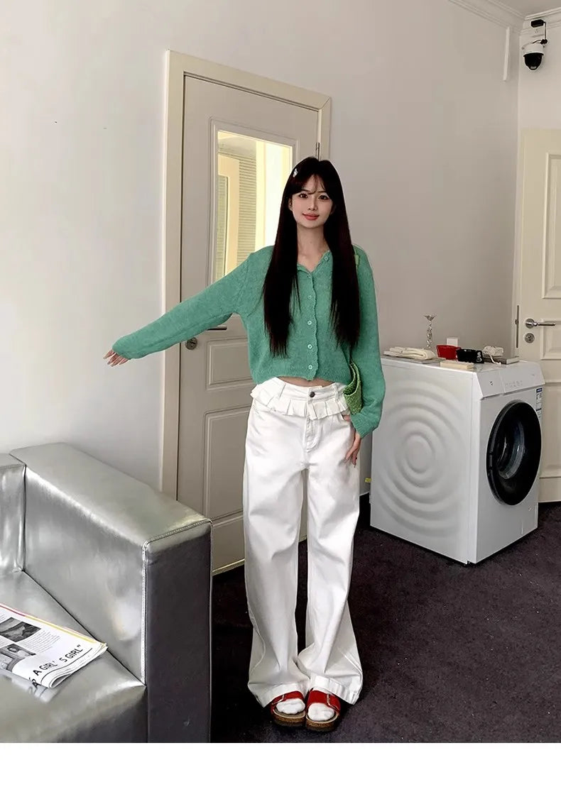 Casual Patchwork Pleated Wide Leg Pants Loose Solid High-Waisted Straight Pants Women Fashion Streetwear Lady Jeans