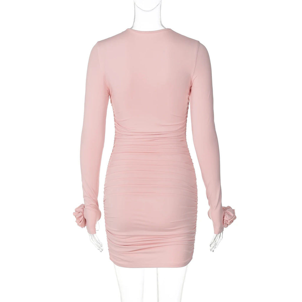 Hugcitar 2025 Elegant Solid Long Sleeve Tie Flowers Sexy Bodycon Pleated Mini Dress Spring Women Outfits Birthday Party Festival