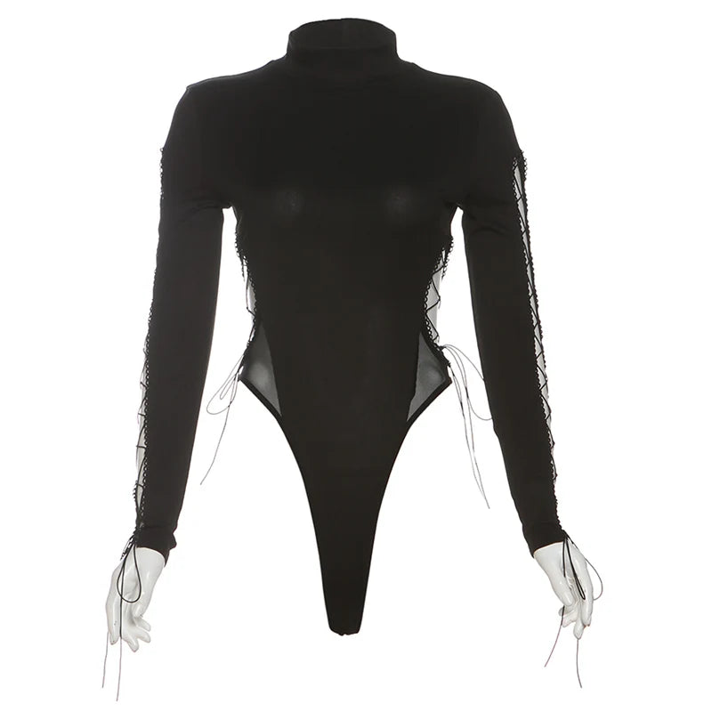 SylCue Irregular Hollow Solid Skinny Bodysuit Women Turtleneck Shirring Full Sleeve Spicy Girl Fashion Trend Classic Streetwear