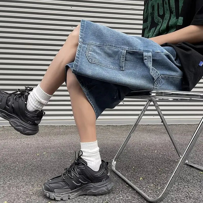 Fashionable Loose-fit Straight-leg Denim Shorts Simple Solid Color Casual Versatile Men's Five-point Pants