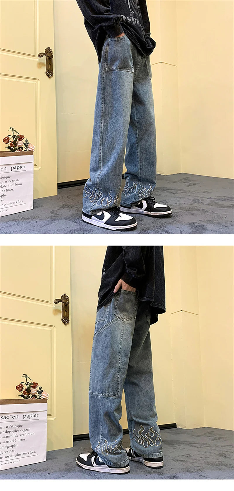 Y2K Vintage Flame Printed Jeans For Men Baggy Streetwear Wide Leg Denim Trousers 2024 New Hip Hop Fashion Straight Pantalones