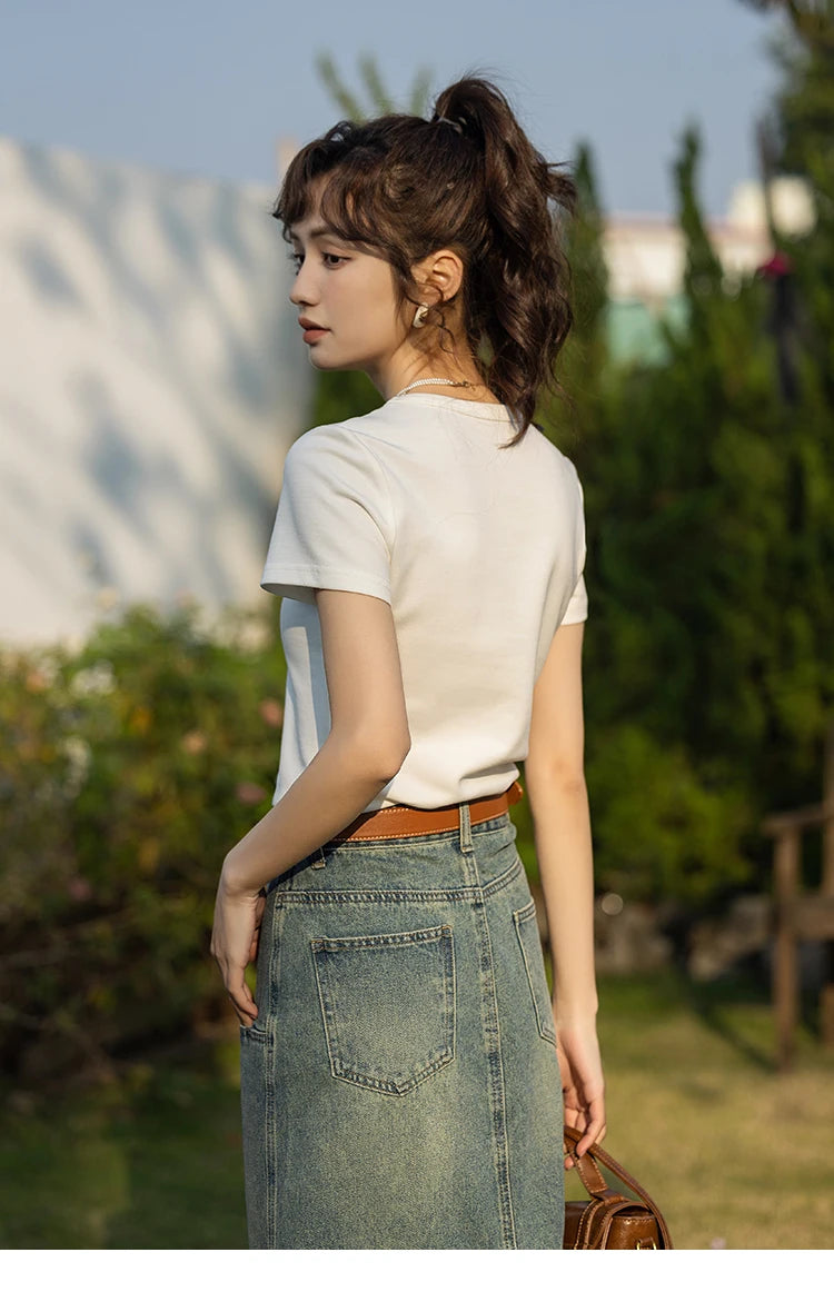 MISHOW Short Sleeve T-shirts Women Spring Solid Square-neck Top Elegant Woman Clothes Office Lady Cotton Tees MXC12T0641