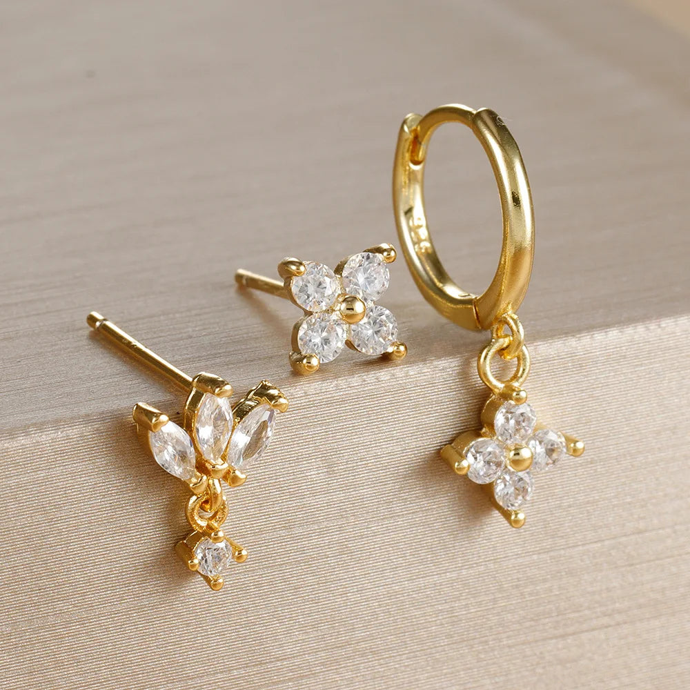 3PCS Fashion Orange Blue Zircon Hanging Earrings Set for Women Stainless Steel Flower Dangle Earring Piercing Jewelry