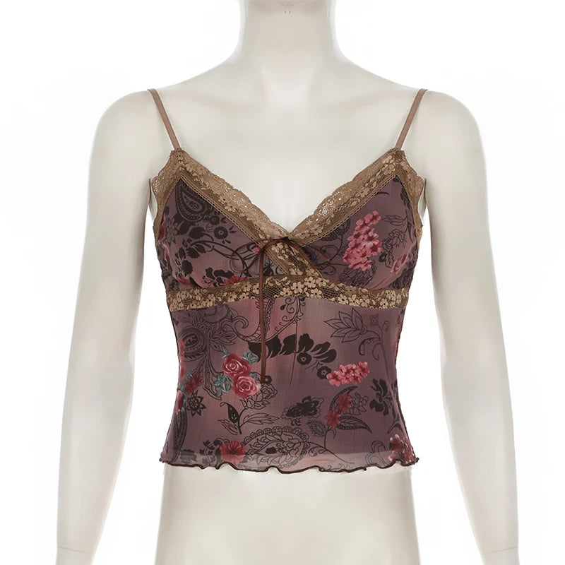 Rockmore Vintage Tulle Patchwork Floral Print Camis Women Mesh Lace Cross V Neck Crop Top Y2K Aesthetic Female Backless Corset
