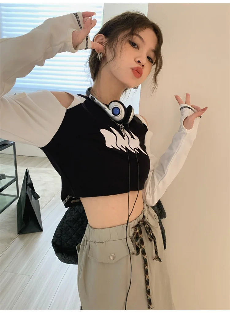 Female Off Shoulder Long Sleeve Tops European and American Sexy Women's Short Slim Navel Print T-Shirt Y2k Vintage Gothic Autumn