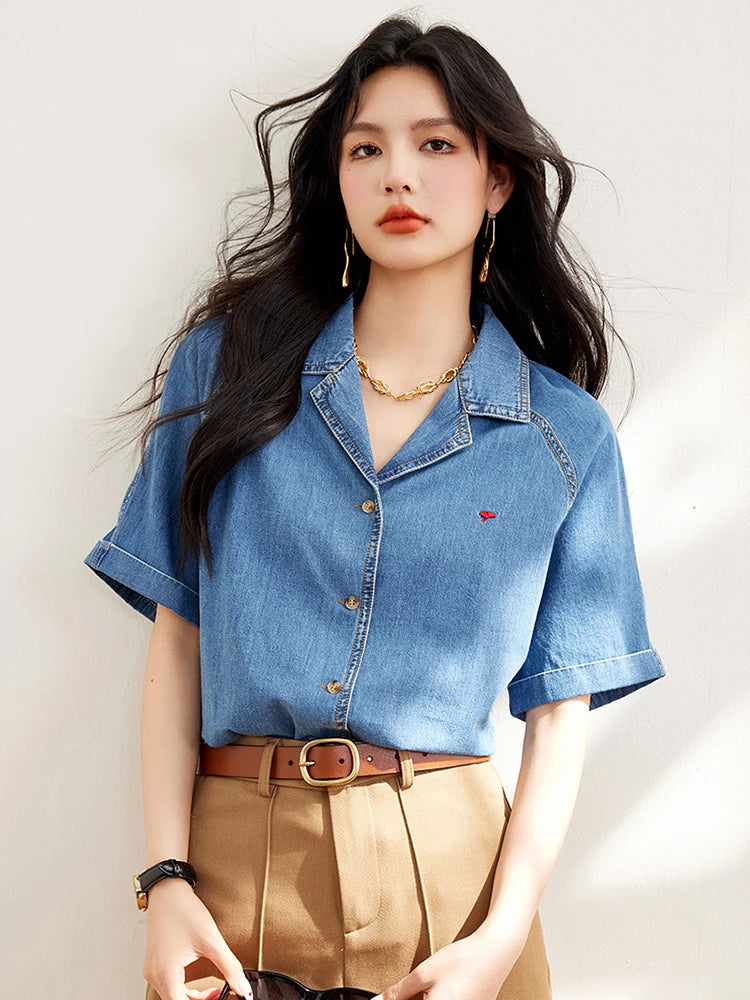 Casual Denim Shirts For Women 2024 Fashion Vintage Short Sleeve Loose Shirt Korean Style Single-Breasted Commuting Tops
