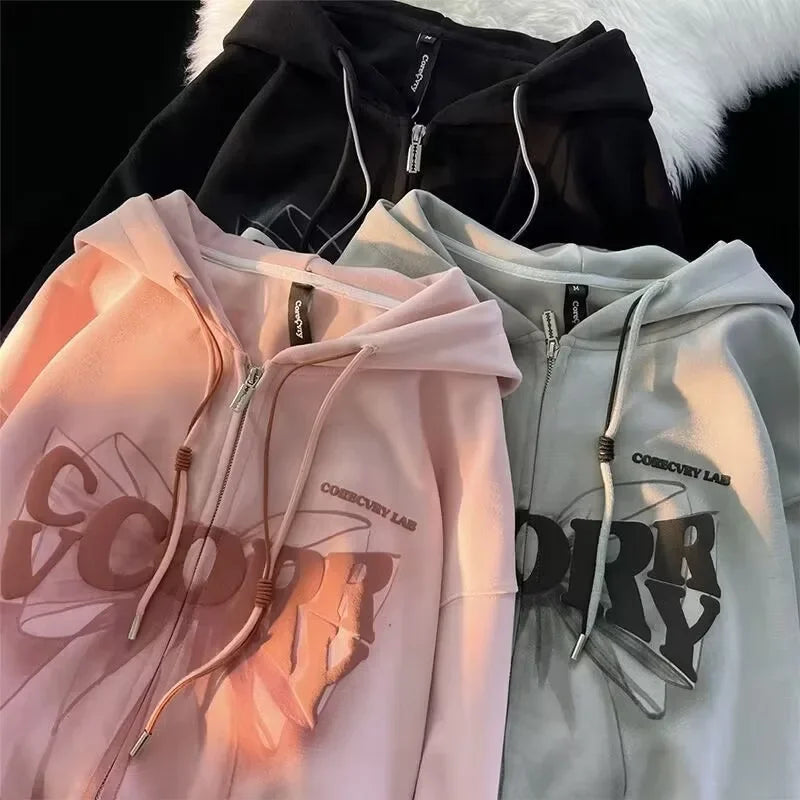 Early Autumn Thin Sweet Cool Butterfly Knot Hoodie Women Loose Couple Open Cardigan Jacket Zipper Top Trendy Streetwear