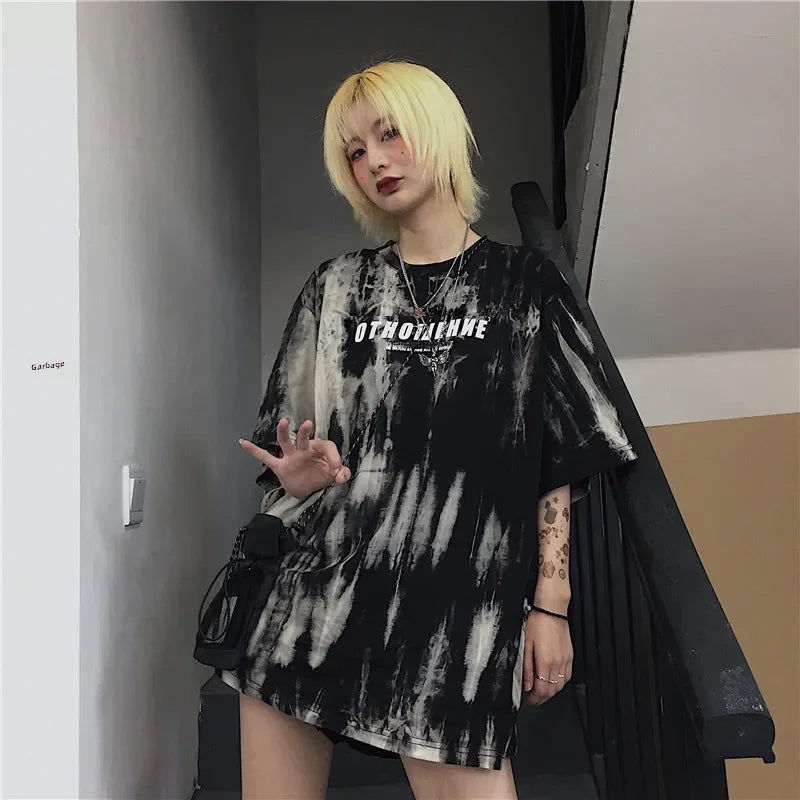 Women's Summer New Design Sensibility Niche Tie-dye Base Layer Top Sweet Spicy Loose-fit Black Half-sleeve T-shirt Trendy