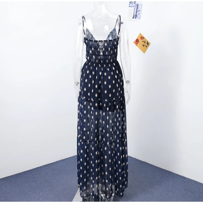 Retro Polk Dot Long Dress With Ribbon Women Sexy Low Cut Sleeveless Pleated Slim Evening Dresses Female Spring Chic Street Party