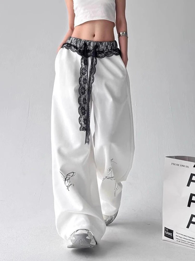 Zoki Vintage Bufferfly Y2K Sweatpants Women Loose High Waist Lace Patchwork Pants Streetwear Retro Casual Bf Harajuku Trousers