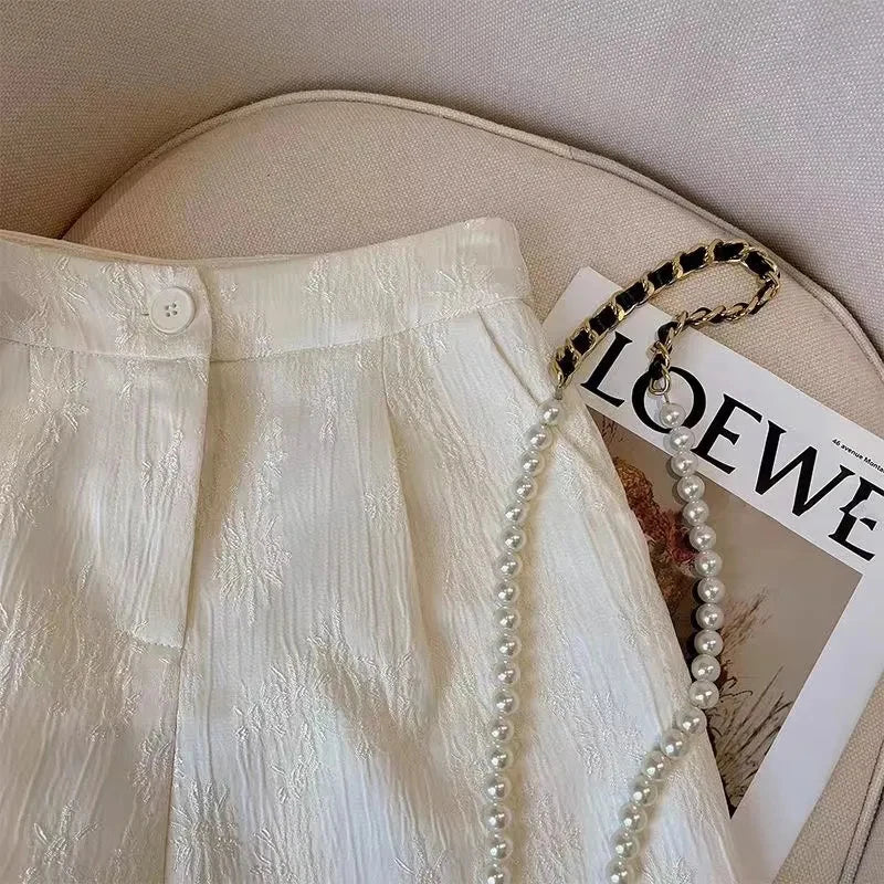 Vintage Jacquard Shorts Women Black Chic Harajuku High Waist Casual Straight Shorts Summer Elegant Pleated A Line Shorts New Ins