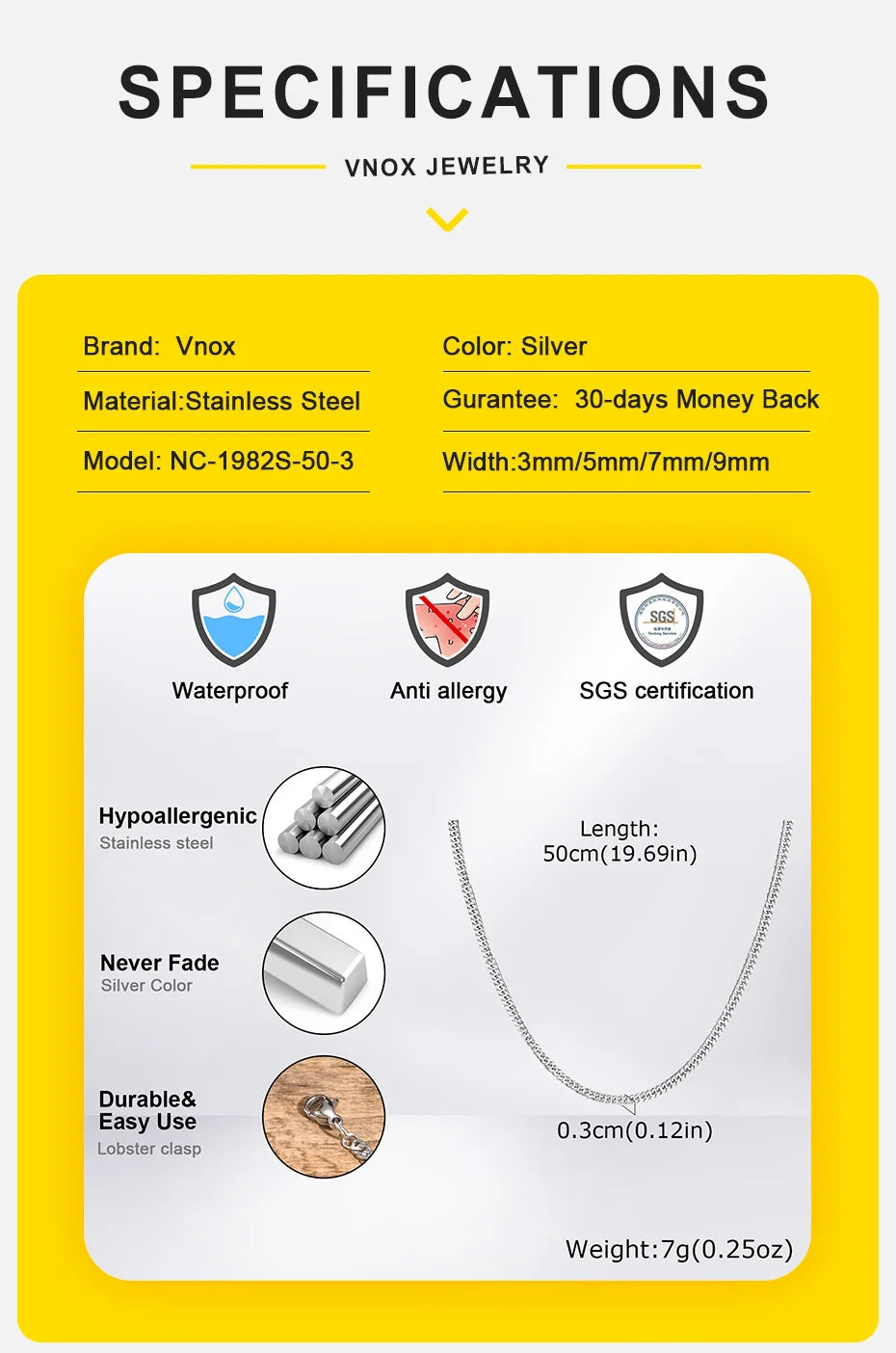 Vnox 3/5/7/9mm Thick Cuban Chain Necklaces for Men Women,Simple Miami Curb Links Collar,Waterproof Stainless Steel Unisex Chain