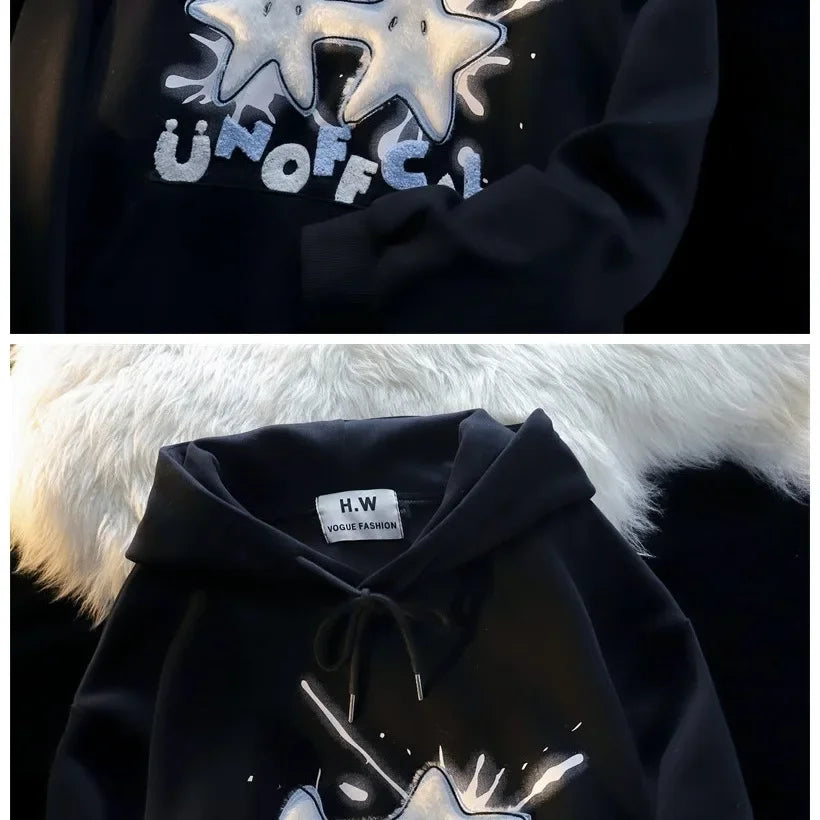 American Style Street Flocking Star Hooded Sweatshirt For Men Women Couple Loose Fit Oversize Spring Autumn Thin Jacket