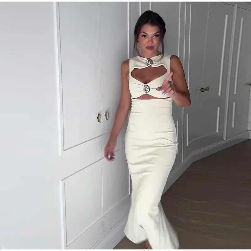 Fashion Hollow Out Strapless Long Dress For Women Elegant  Sleeveless Slim Bodycon Evening Party Dress Female Club Chic Vestidos