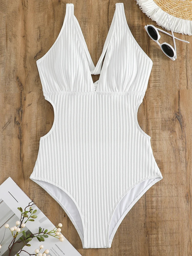 VigoBeviya 2025 Sexy White Strapped Swimwear Women Backless Cross One Piece Swimsuit Monokini Hollow Push UP Beach Bathing Suit