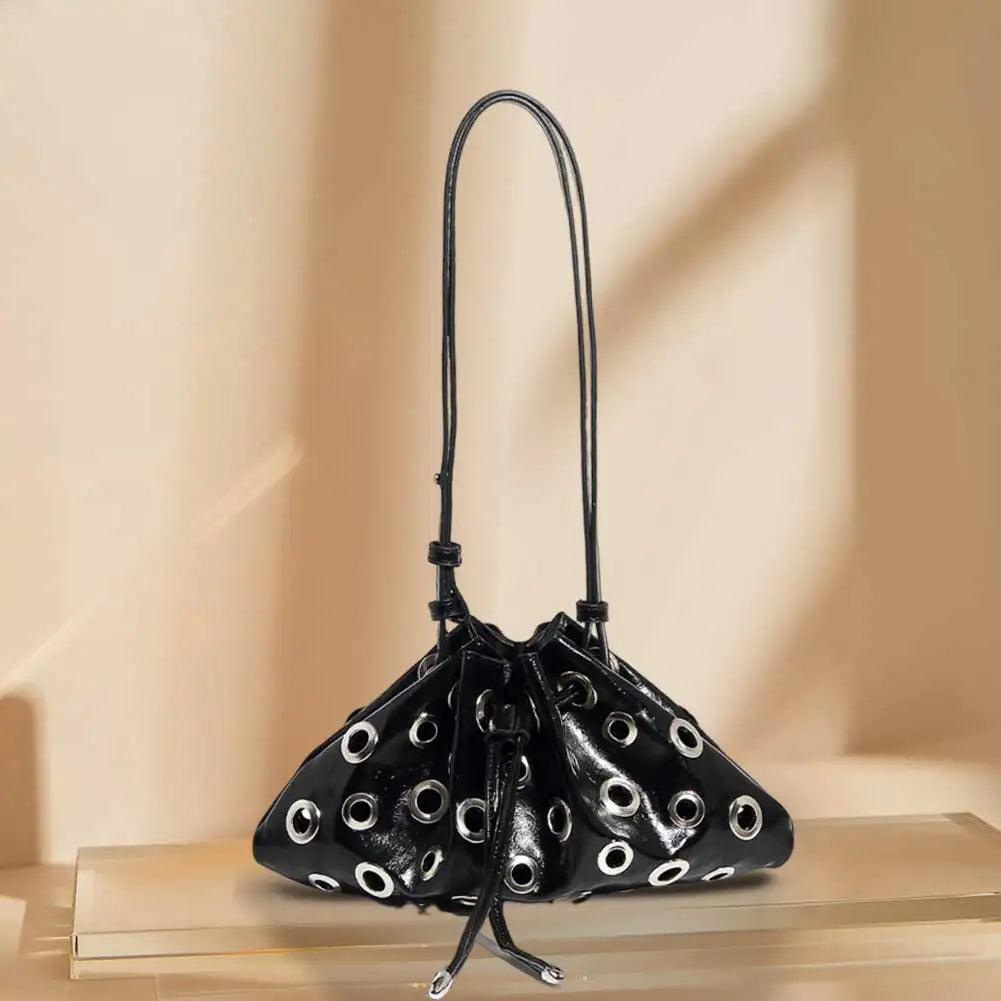 Women Metal Stud Y2k Shoulder Bag Large Capacity Retro Hollow Handbag Drawstring Crossbody Bag Shopping Vacation Handbag
