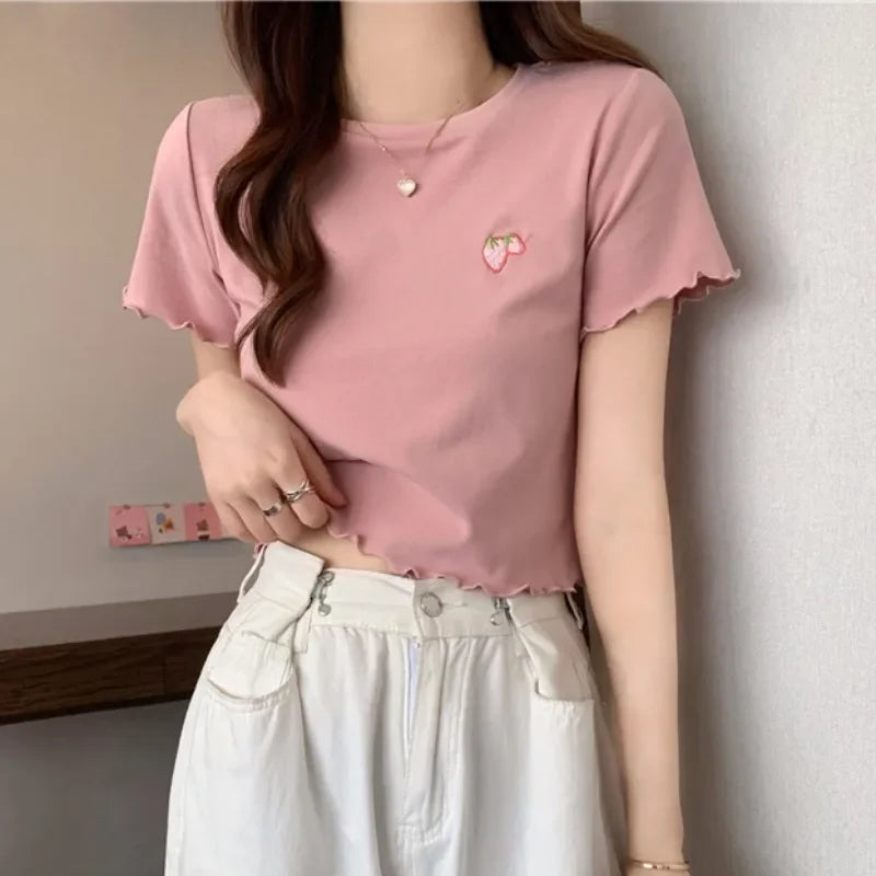 Summer Embroidered Short T-shirt Women Wooden Edge Irregular Slim Short Sleeve Top Plant Pattern Fiber Fabric Elegant Style