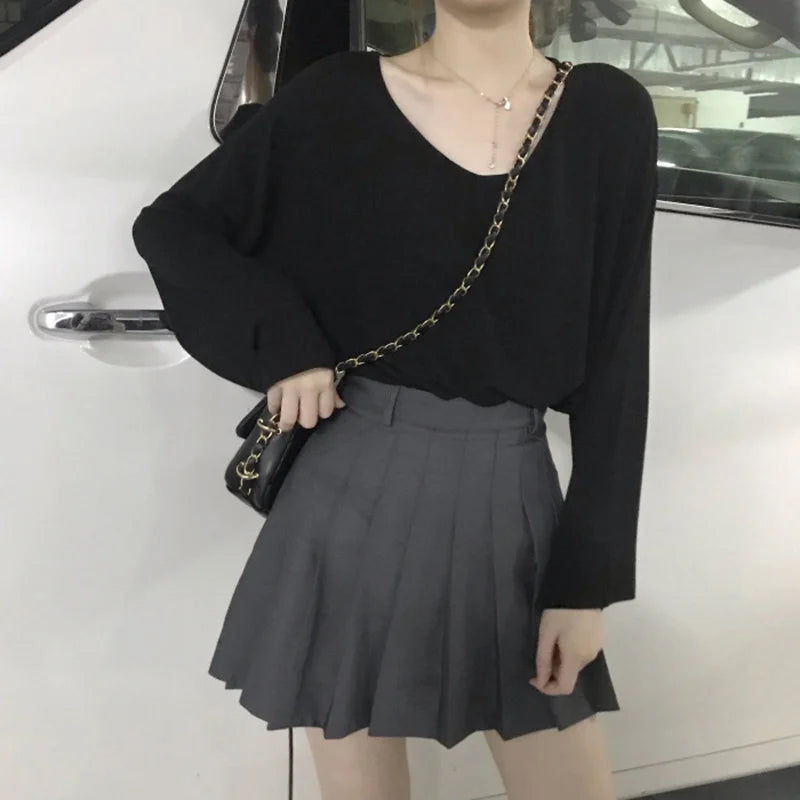 Pure Color V-neck Long Sleeve T-shirt Women Spring Summer Women Clothing Loose Student Early Autumn Top