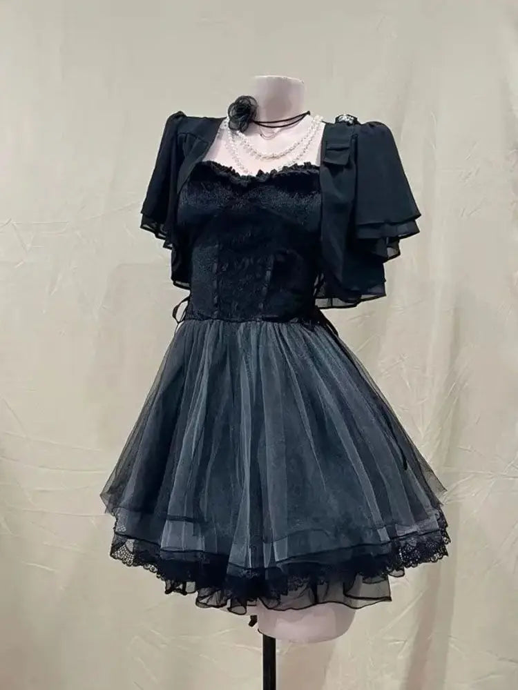 Gothic Vintage Y2k Lolita Style Dress Sets Women Sweet Short Cardigan Slim Retro Mini Skirt Korean Fashion Party Suit Chic