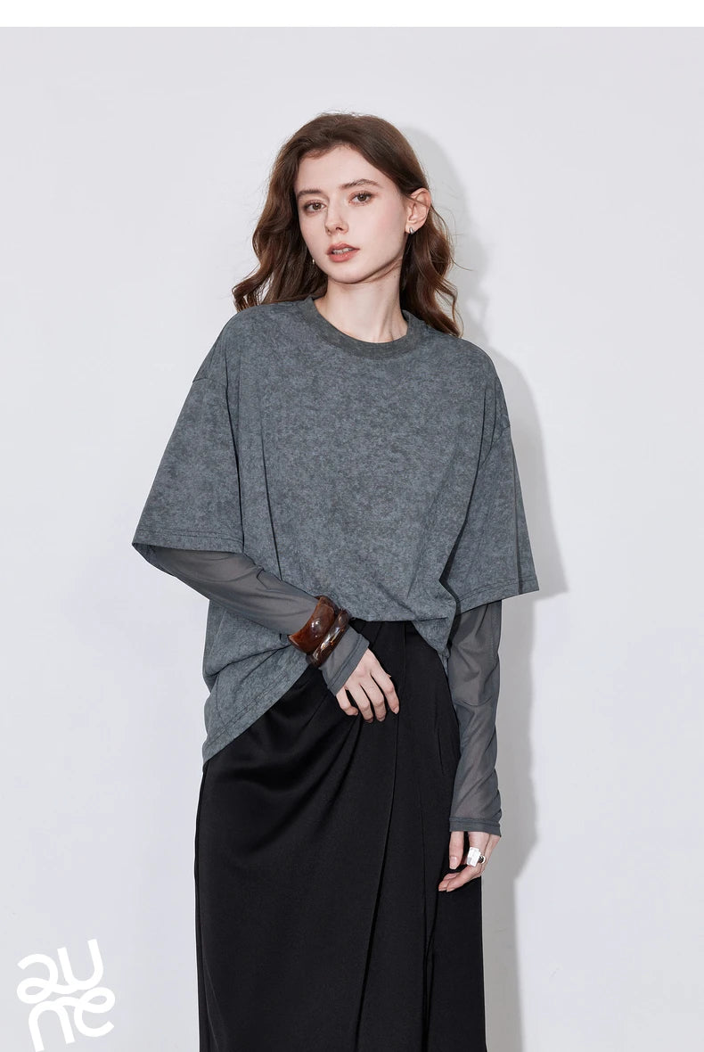 TOYOUTH Women T shirt 2025 Spring New Fake Two Piece Printed Round Neck Fashionable Pullover T shirt